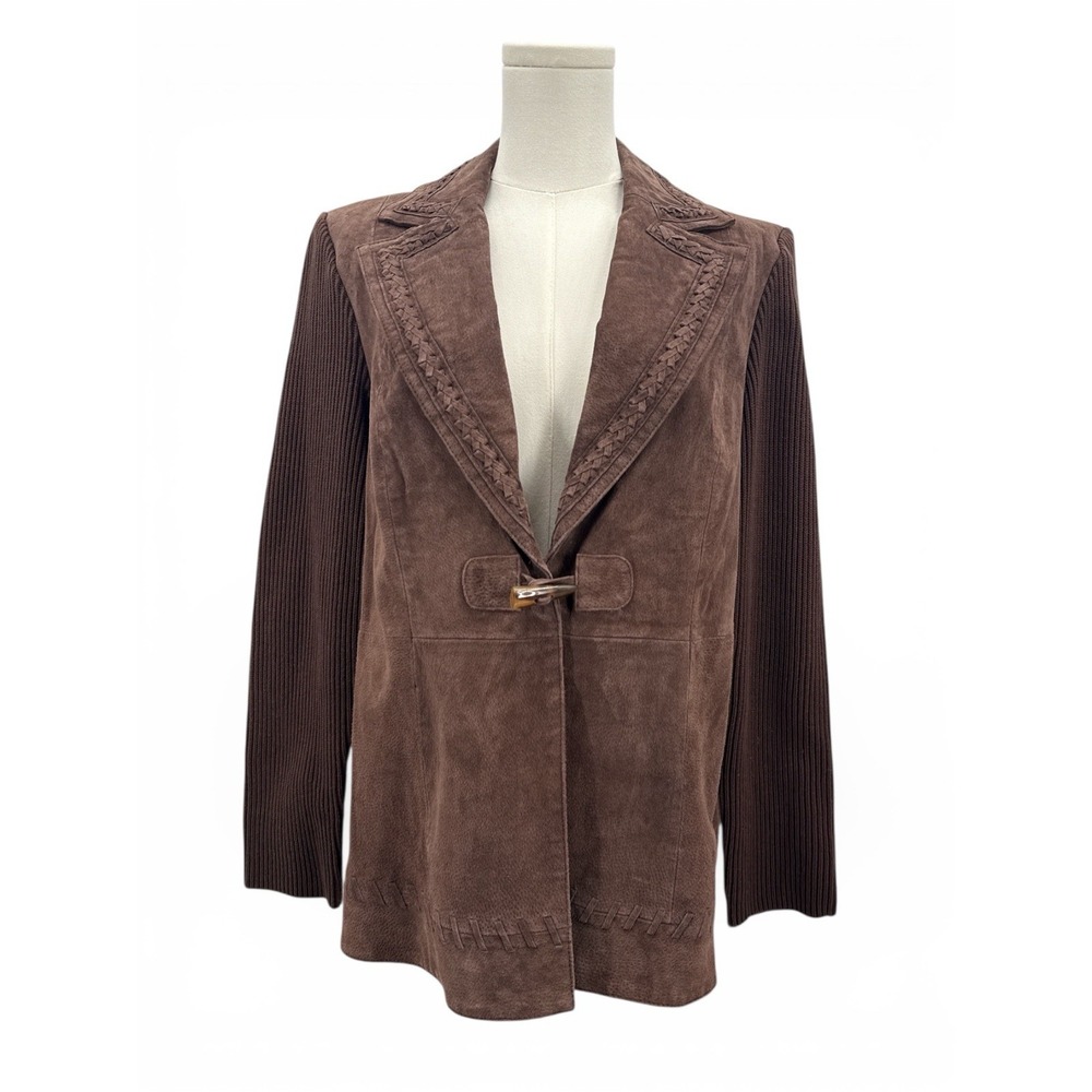 Peter Nygard Genuine Suede Leather Knit Jacket Women's M Brown Toggle NWT Boho